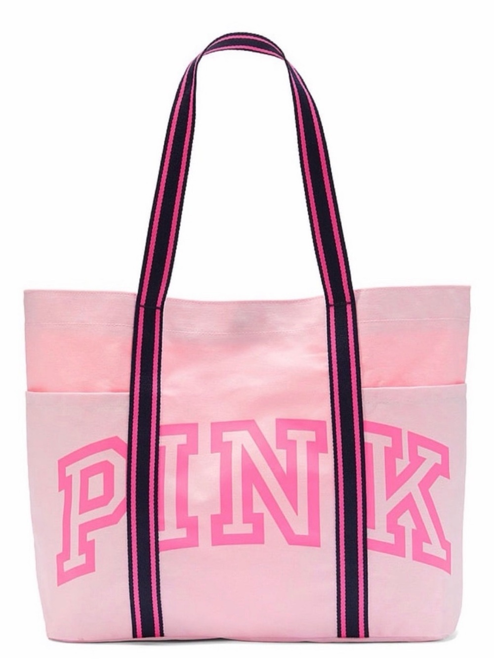 PINK Victoria's Secret Light Pink Canvas Tote with Navy & Hot Pink Straps